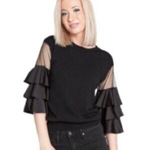Berek Women's Black Ruffle Sleeve knit Top With Sheer layered sleeve elegant top